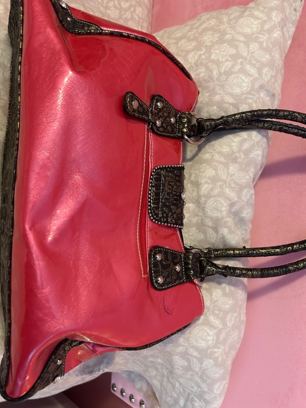 Pink Rhinestone Accent Satchel Handbag - Picture 2 of 7